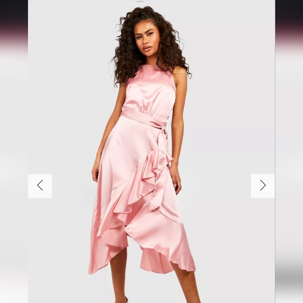 NWT Satin Frill Midi Wrap Dress, Rose, Size 12